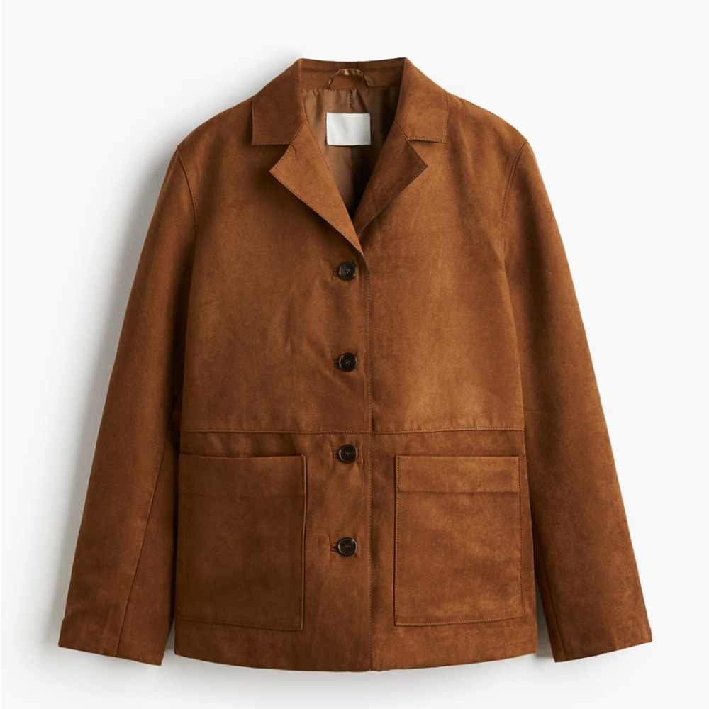 H&M Faux Suede Jacket•Notched collar•Two patched pockets•Beautiful Caramel/Brown